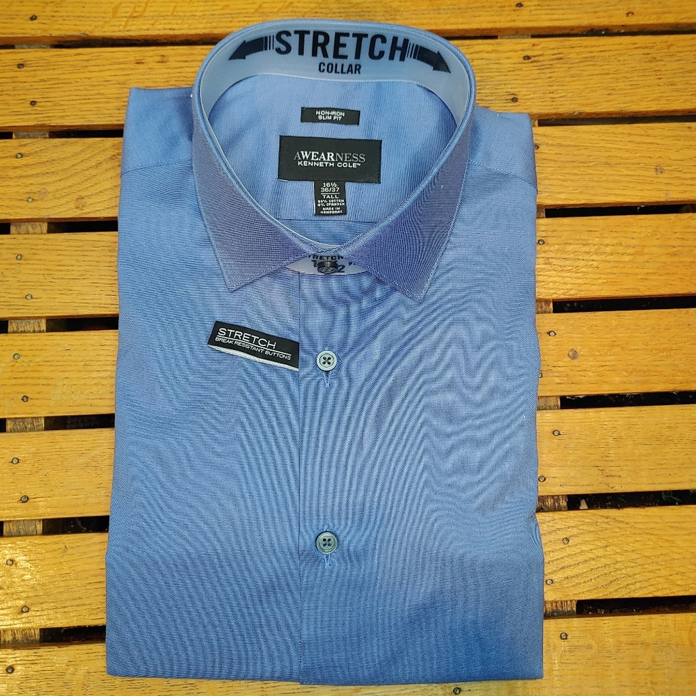 Awearness Kenneth Cole Slim Fit Performance Blue Long Sleeve Size 16.5 Tall